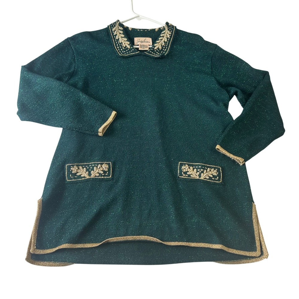 Jaclyn Smith Green Metallic Knit Tunic Sweater Pearl Embellished Vintage L 9463